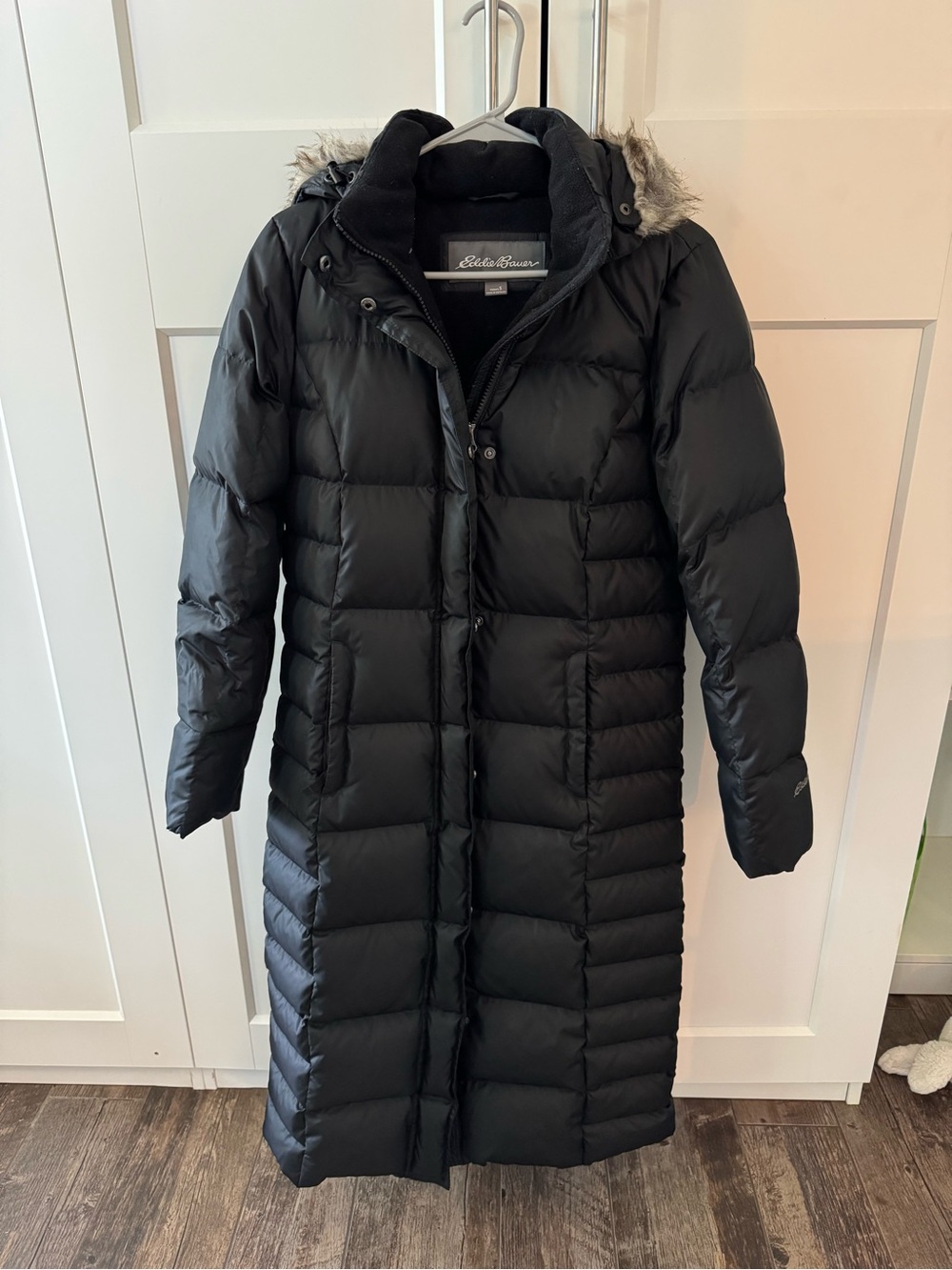 Eddie Bauer Black Long Down Puffer Coat with Faux-Fur Trimmed Hood